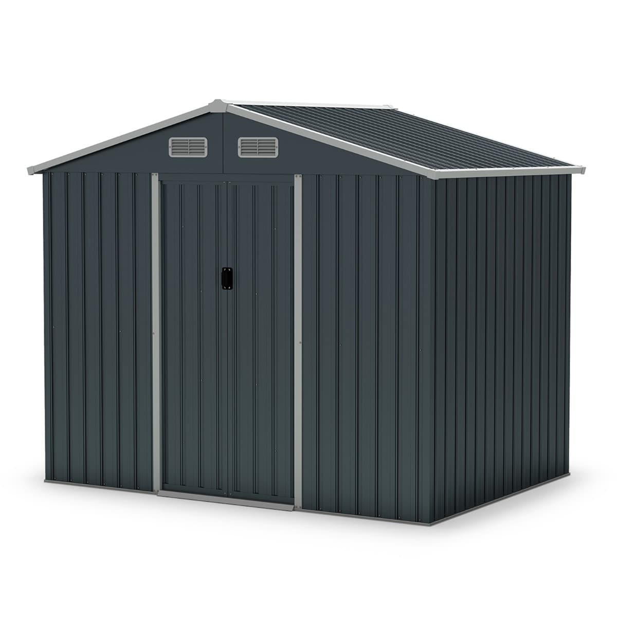 CostwayAbri de Jardin Grand Abri à Outils Utilitaire avec Toit Incliné et Portes Coulissantes 4 Aérations Base au Sol Rangement 226x162x196cm Gris