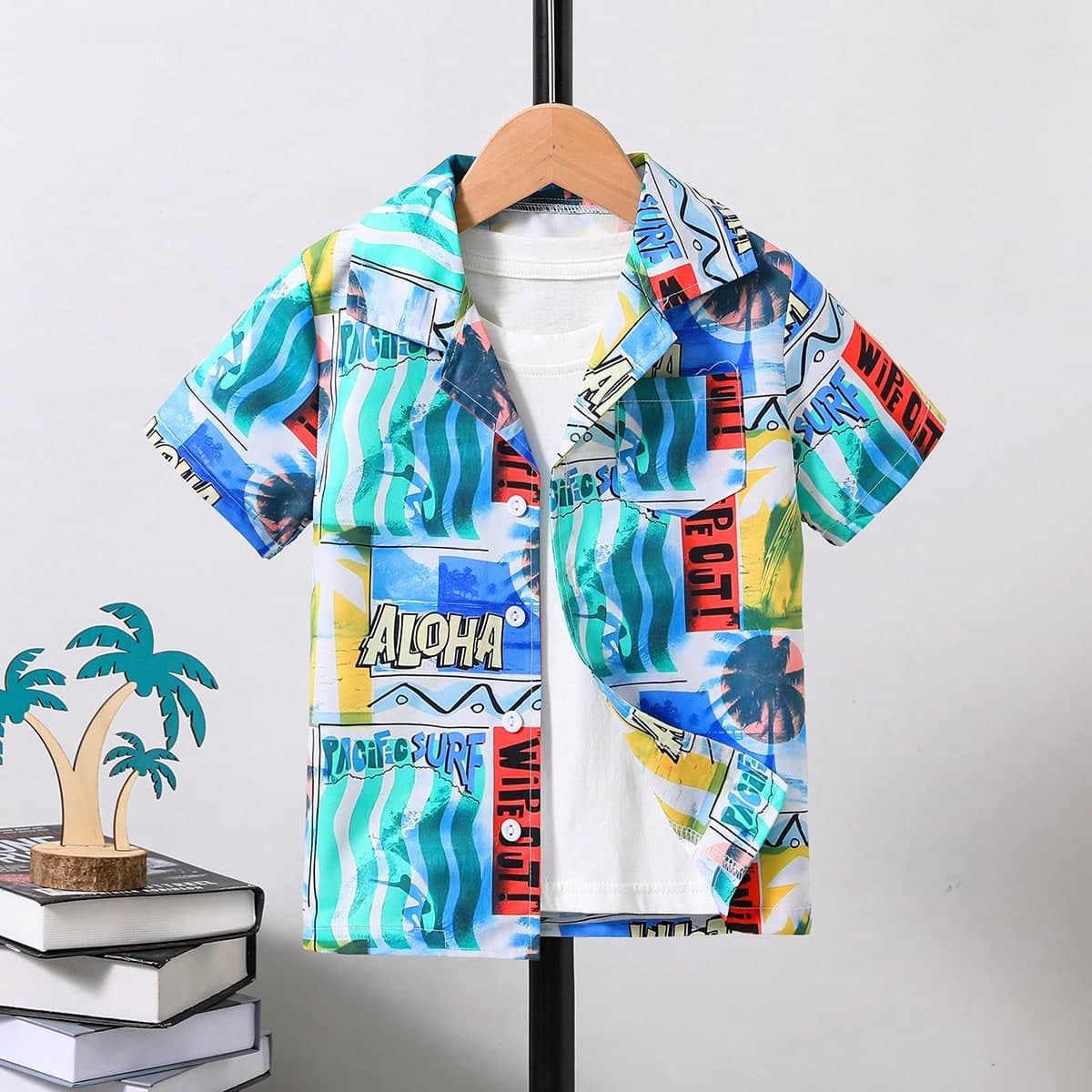 1 pièce Chemise d"été pour vacances à col imprimé à manches courtes de jeune garçon mignon et drôle avec inscription arbre de coco et dessin