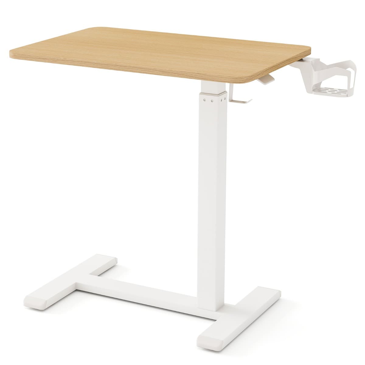 CostwayBureau Mobile Debout Table de Chevet Réglable en Hauteur avec Support pour Tasse et Crochet pour Écouteurs Naturel